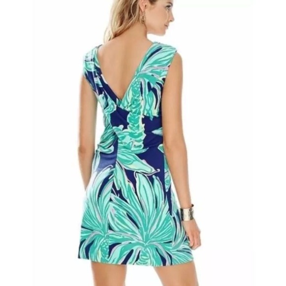 Lilly Pulitzer Bristol Dress Navy Tiger Palm Leaf Pink Gold Beaded Size X-Small - Picture 2 of 11